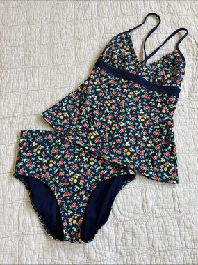Lands' End Navy Floral Tankini Set with Red and Yellow Blossoms